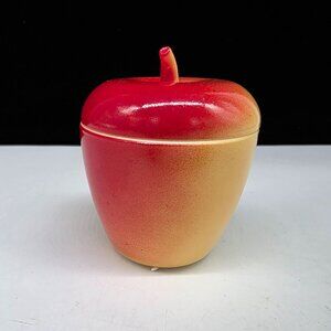 Apple-Shaped Ceramic Lidded Container Jar Red & Yellow Glossy Hazel Atlas